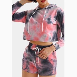 Black/Pink Tie Dye Cropped Hooded Set